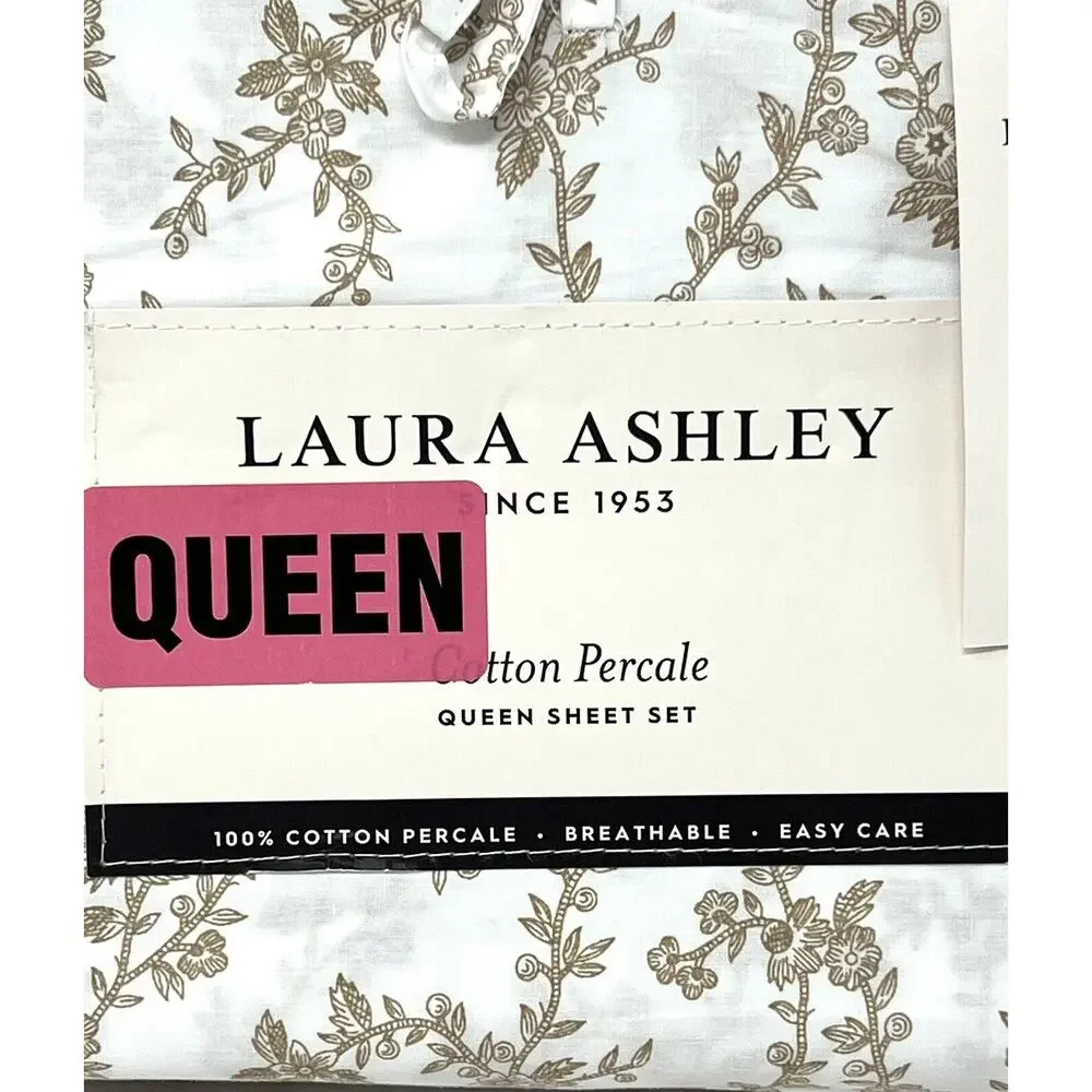 Laura Ashely Beige Tan White Floral Queen Sheet Set Cotton Percale NWT Victoria
